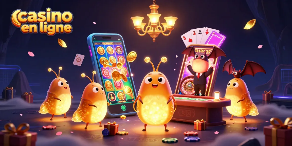 Expérimentez le casino en ligne avec une illustration animée de vers luisants illuminant un casino souterrain.