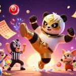 Illustration dynamique de casino en ligne avec un panda lutteur et un chihuahua arbitre, loteries en folie.