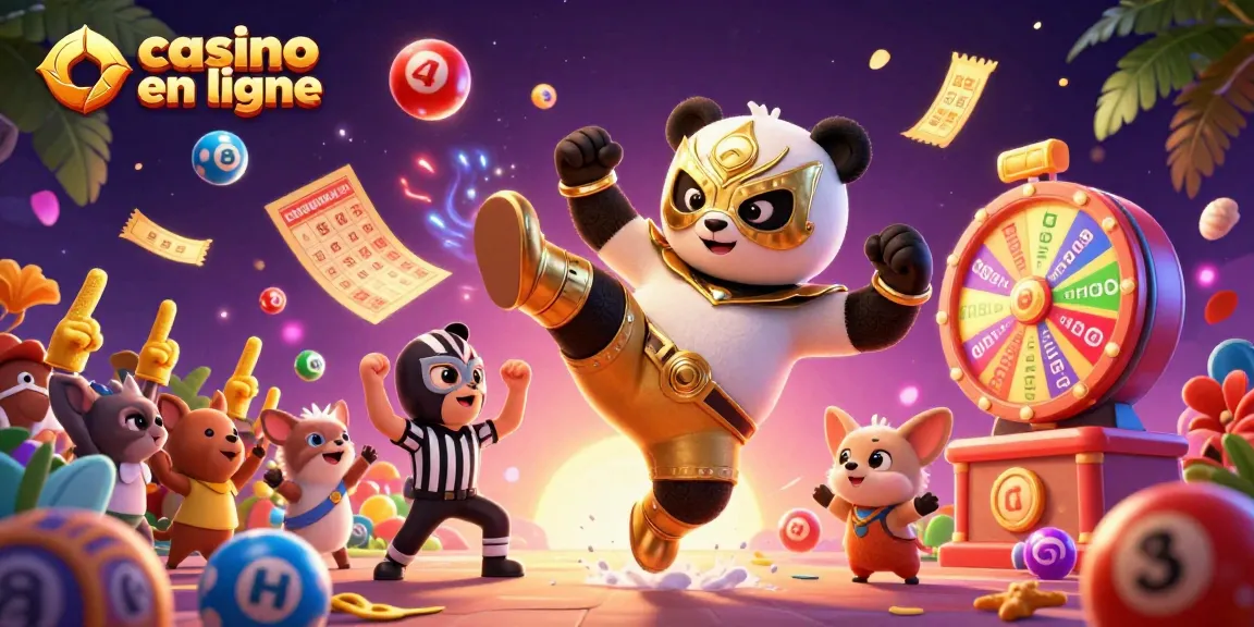 Illustration dynamique de casino en ligne avec un panda lutteur et un chihuahua arbitre, loteries en folie.