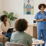 Canada care community scene with healthcare professionals engaging warmly with patients in a welcoming clinic.