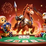 Découvrez l'univers du nouveau casino en ligne avec un chevalier, un chiot écuyer, et un faucon en action.