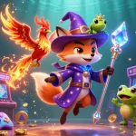 Jouez au casino en ligne avec un mage, un phénix et un crapaud enchanté au milieu des machines colorées.