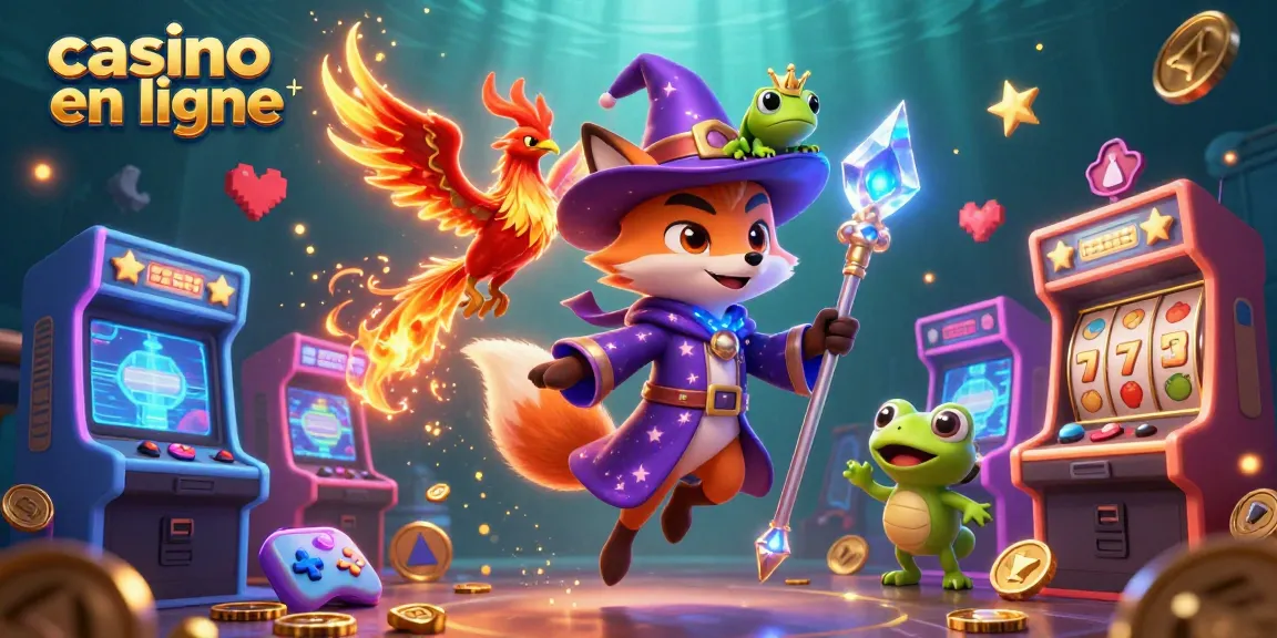 Jouez au casino en ligne avec un mage, un phénix et un crapaud enchanté au milieu des machines colorées.