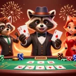 Profitez d'une scène festive avec un crypto casino où une femme renarde et un raton laveur jouent aux cartes.