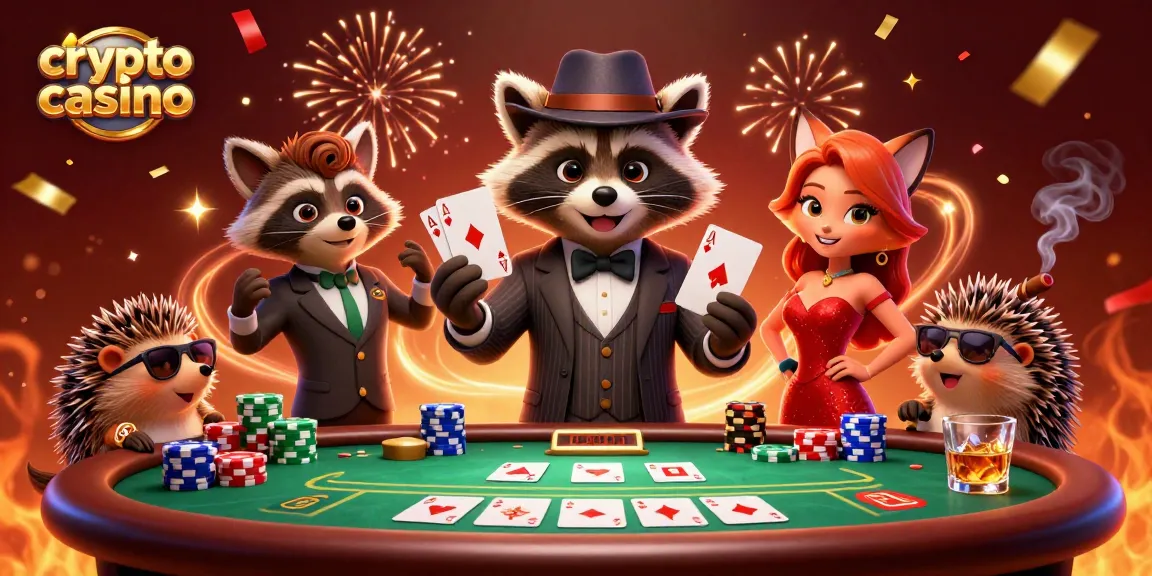 Profitez d'une scène festive avec un crypto casino où une femme renarde et un raton laveur jouent aux cartes.