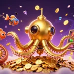 Experience the vibrant MPO08 gambling world with a golden kraken amidst casino treasures and dynamic game elements.