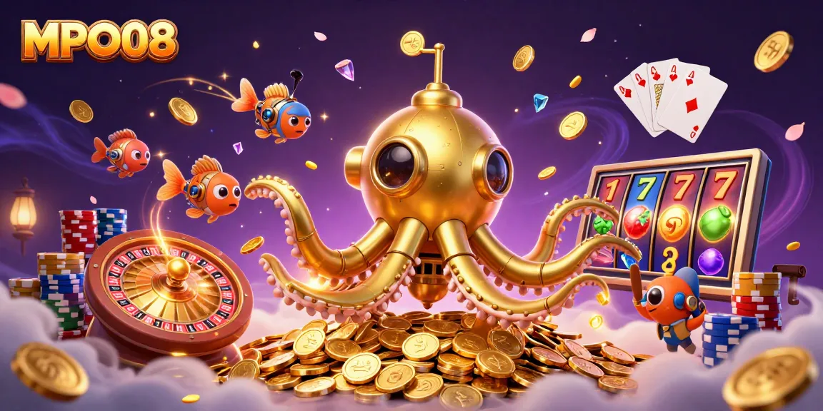 Experience the vibrant MPO08 gambling world with a golden kraken amidst casino treasures and dynamic game elements.