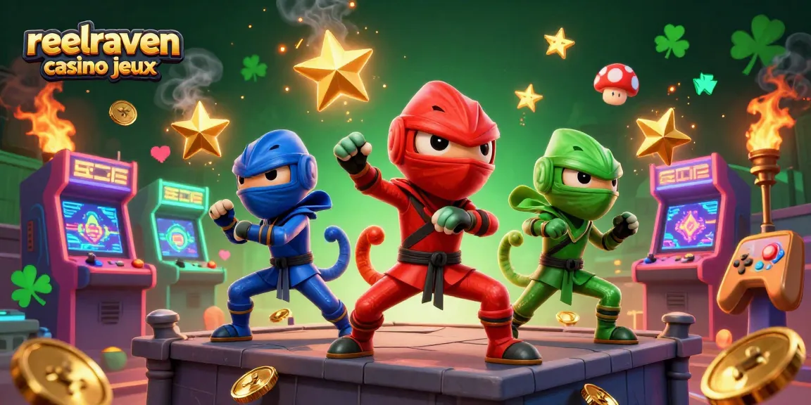 Profitez des jeux de casino avec reelraven casino jeux, illustrés par une équipe de caméléons ninjas.