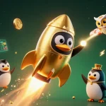 Experience Fun88's thrilling casino journey with a golden penguin amid crypto elements in 3D.