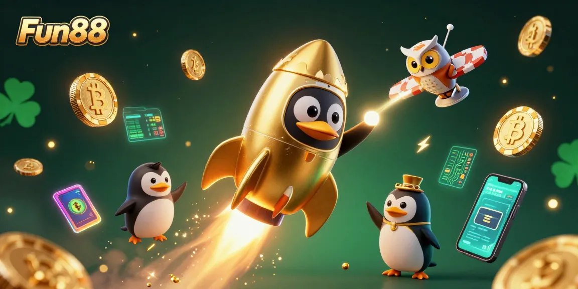 Experience Fun88's thrilling casino journey with a golden penguin amid crypto elements in 3D.