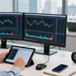 Trader engaged with MT4 forex platform in a modern office setting, analyzing charts and strategies.