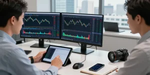 Trader engaged with MT4 forex platform in a modern office setting, analyzing charts and strategies.