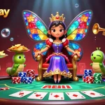 Engage in situs parlay betting with vibrant visuals of a majestic butterfly queen and poker elements.