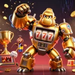 Betting on link 8xbet with a 3D gorilla mech surrounded by dynamic sports elements