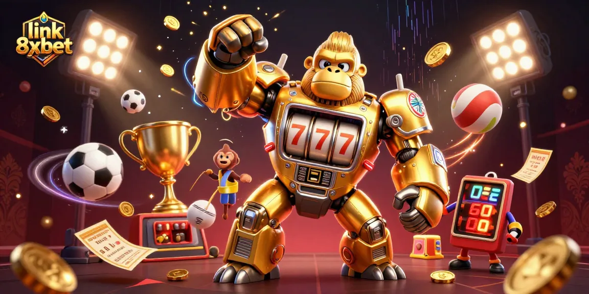 Betting on link 8xbet with a 3D gorilla mech surrounded by dynamic sports elements