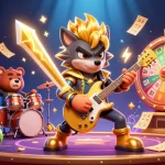Vivez l'excitation du casino en ligne avec une illustration 3D d'un loup rock star et un ours batteur.