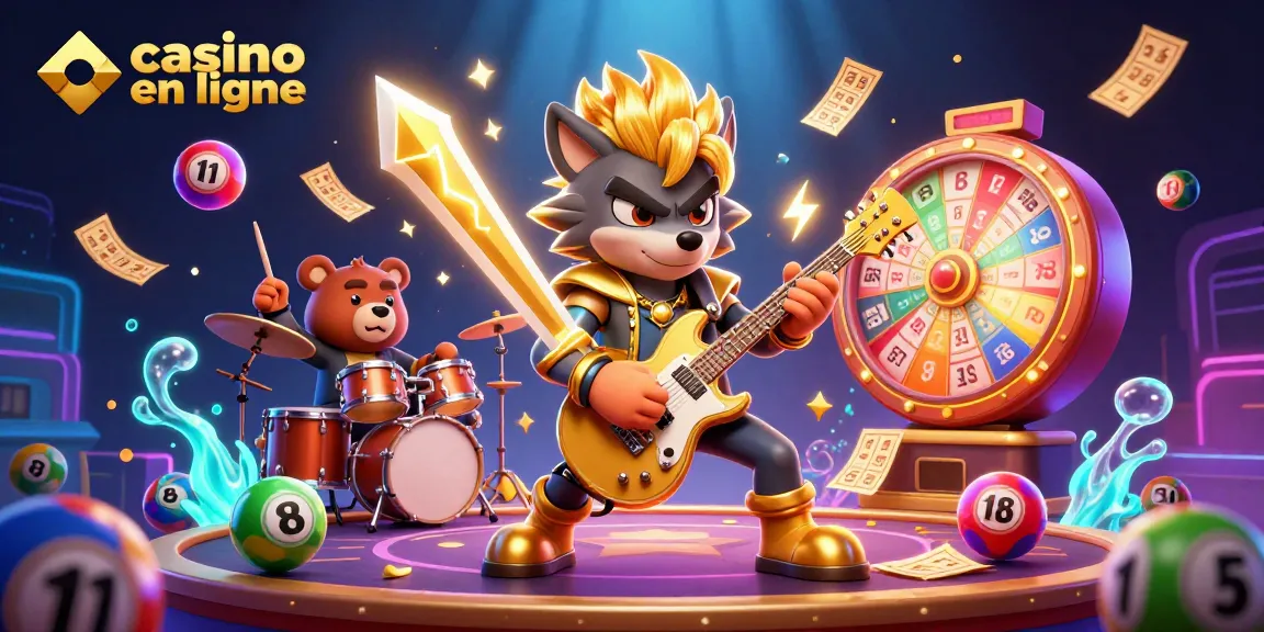 Vivez l'excitation du casino en ligne avec une illustration 3D d'un loup rock star et un ours batteur.