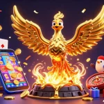 Illustration d'un casino en ligne argent réel avec un phénix doré et des jeux colorés.