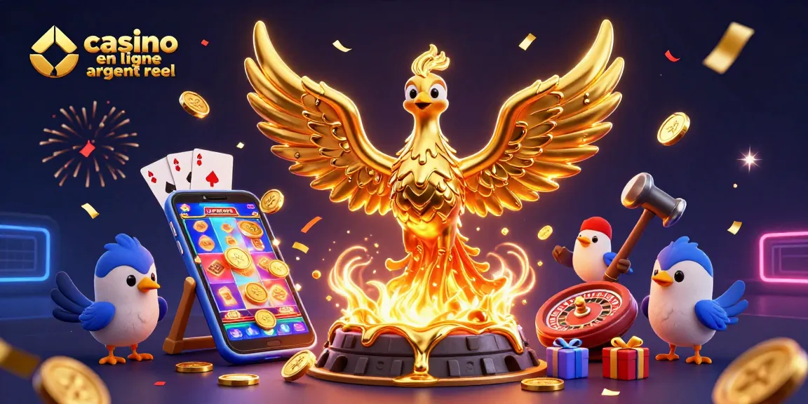 Illustration d'un casino en ligne argent réel avec un phénix doré et des jeux colorés.