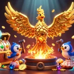 HONGTOGEL memukau dengan simulasi mesin slot 3D emas bercahaya, penuh simbol jackpot di lautan koin berkilauan.