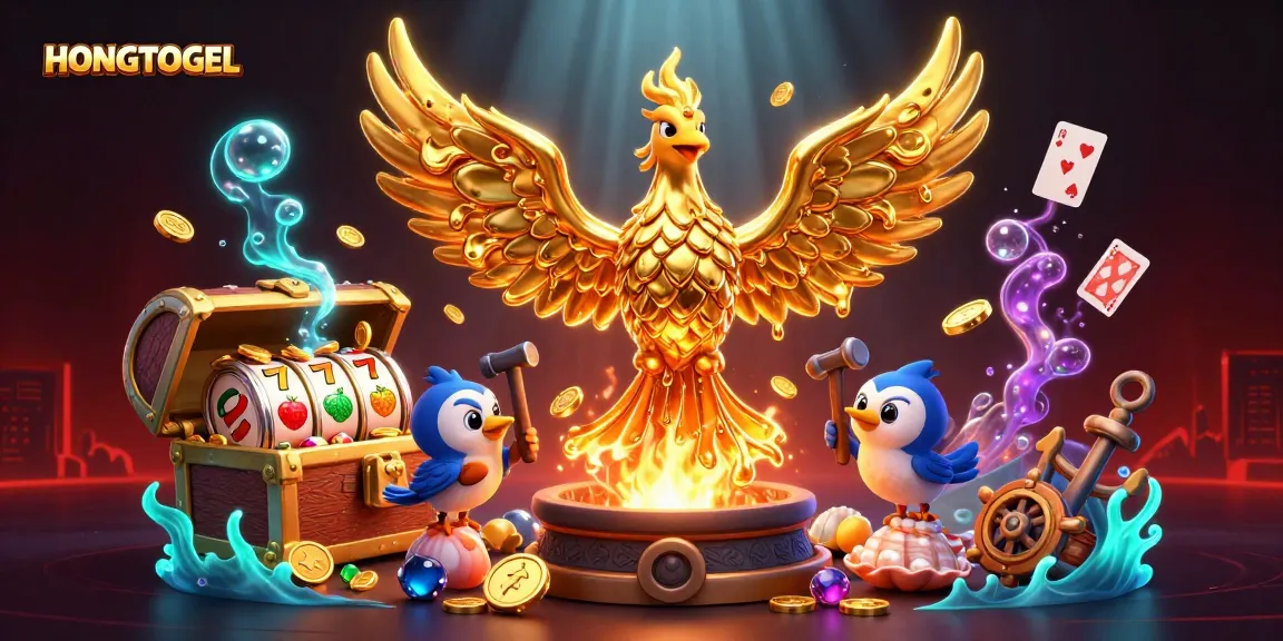 HONGTOGEL memukau dengan simulasi mesin slot 3D emas bercahaya, penuh simbol jackpot di lautan koin berkilauan.