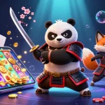 Illustrez le site de paris sportif avec un panda samouraï et un renard ninja animés dans une scène dynamique.