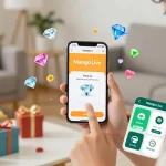 Mango Live top up transaction on smartphone, user engaging with easy payments and colorful diamonds in vibrant digital space.