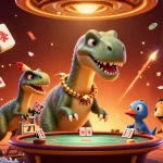 Affrontez l'excitation du casino en ligne argent réel avec une illustration dynamique de dinosaures et jeux de cartes.