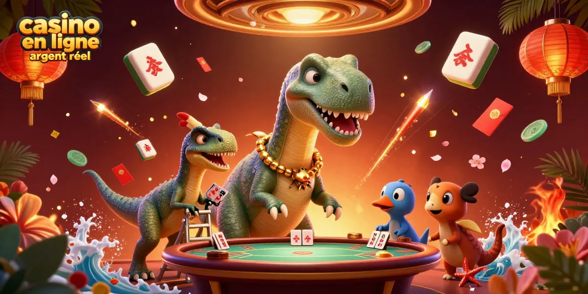 Affrontez l'excitation du casino en ligne argent réel avec une illustration dynamique de dinosaures et jeux de cartes.