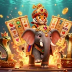 Crown pokies brings vibrant gameplay to life with a maharaja and jewel elephant, showcasing dynamic slots and casino elements.