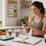 Healthy meal logging in modern kitchen with best calorie tracker app, vibrant fresh ingredients, and motivational meal plans.
