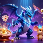 Des éclats de casino en ligne avec un dragon, un faucon et une souris sous une pluie de pièces dorées.