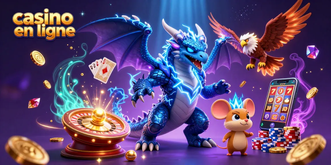 Des éclats de casino en ligne avec un dragon, un faucon et une souris sous une pluie de pièces dorées.