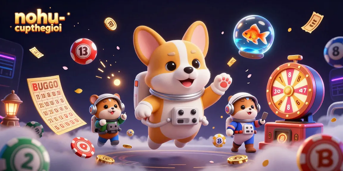 Engage with nohu-cupthegioi in a vibrant casino scene featuring a playful corgi astronaut and dynamic lottery elements.