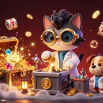 Jouer au casino en ligne avec un chat fou et son chien, entourés de trésors et de jetons.