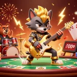 Vivez l'excitation du casino en ligne avec un loup rock star et un ours batteur sur scène.