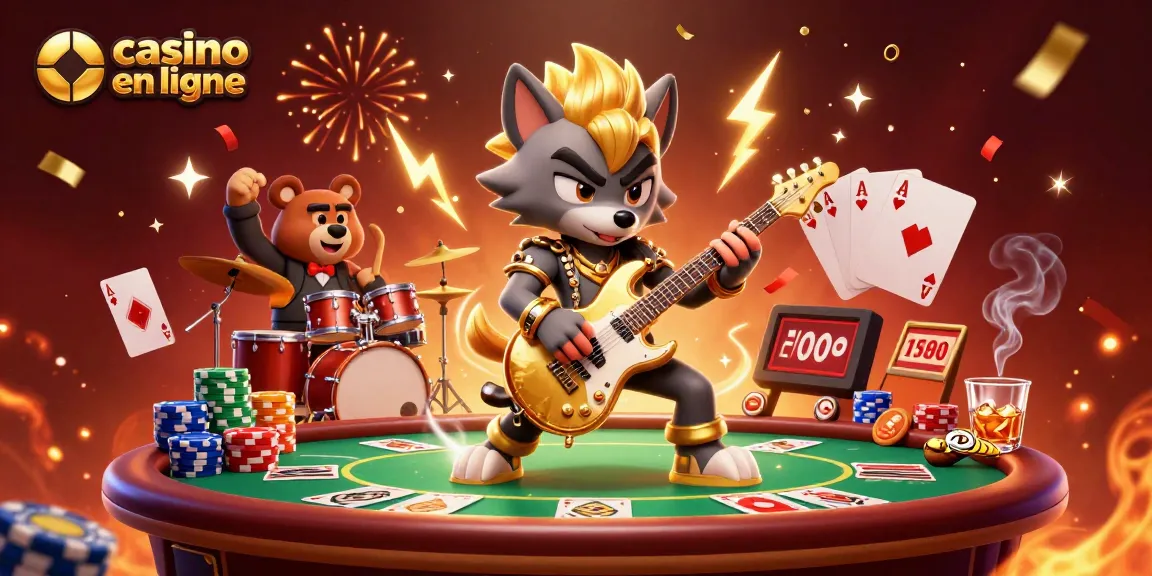 Vivez l'excitation du casino en ligne avec un loup rock star et un ours batteur sur scène.
