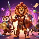 Visuel dynamique sur le thème de casino en ligne avec des éléments de jeu colorés et des personnages captivants.