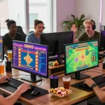 Players excitedly engaging in online games at TEMPOTOTO, showcasing dynamic gaming environments and vibrant screens.