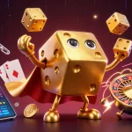Gagnez au casino en ligne avec une scène dynamique de dés dorés et éléments crypto