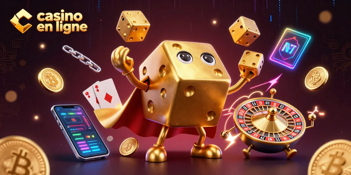 Gagnez au casino en ligne avec une scène dynamique de dés dorés et éléments crypto
