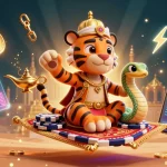 Jouez au casino en ligne avec un sultan tigre sur un tapis volant, entouré d'éléments de jeu.
