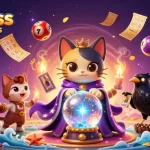 Visualisez l'avis SpinBoss casino, avec un chat mystique et des éléments de loterie.