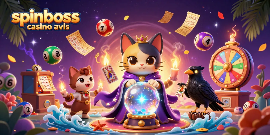 Visualisez l'avis SpinBoss casino, avec un chat mystique et des éléments de loterie.