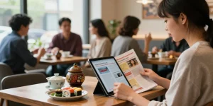 Engaging multicultural café scene showcasing vibrant articles from https://hanadultalk.com, highlighting cultural exchange and community.