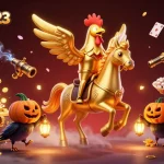 gamebai123 showcases a thrilling casino adventure with a golden rooster and lanterns amidst sparkling treasures.