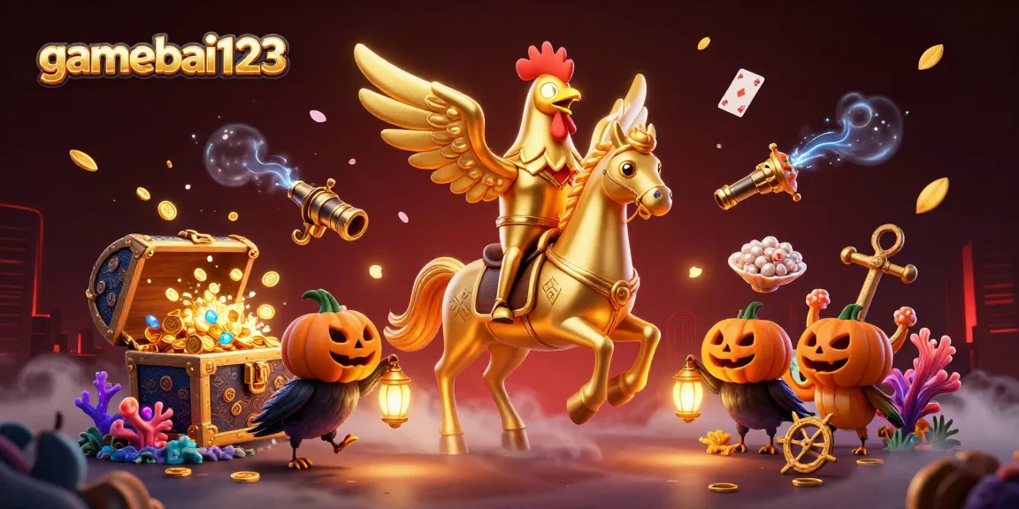 gamebai123 showcases a thrilling casino adventure with a golden rooster and lanterns amidst sparkling treasures.