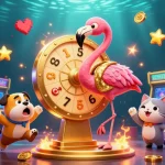 Visualisez le casino en ligne avec des personnages et des éléments de jeu dynamiques et colorés.