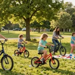 Families enjoying a sunny day riding tricycles in the park, showcasing various electric and kids' options for ultimate fun.
