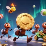 Score808 hosts a vibrant scene with 3D cartoon ants running a heist while carrying a golden poker chip amidst sports elements and dynamic activity.